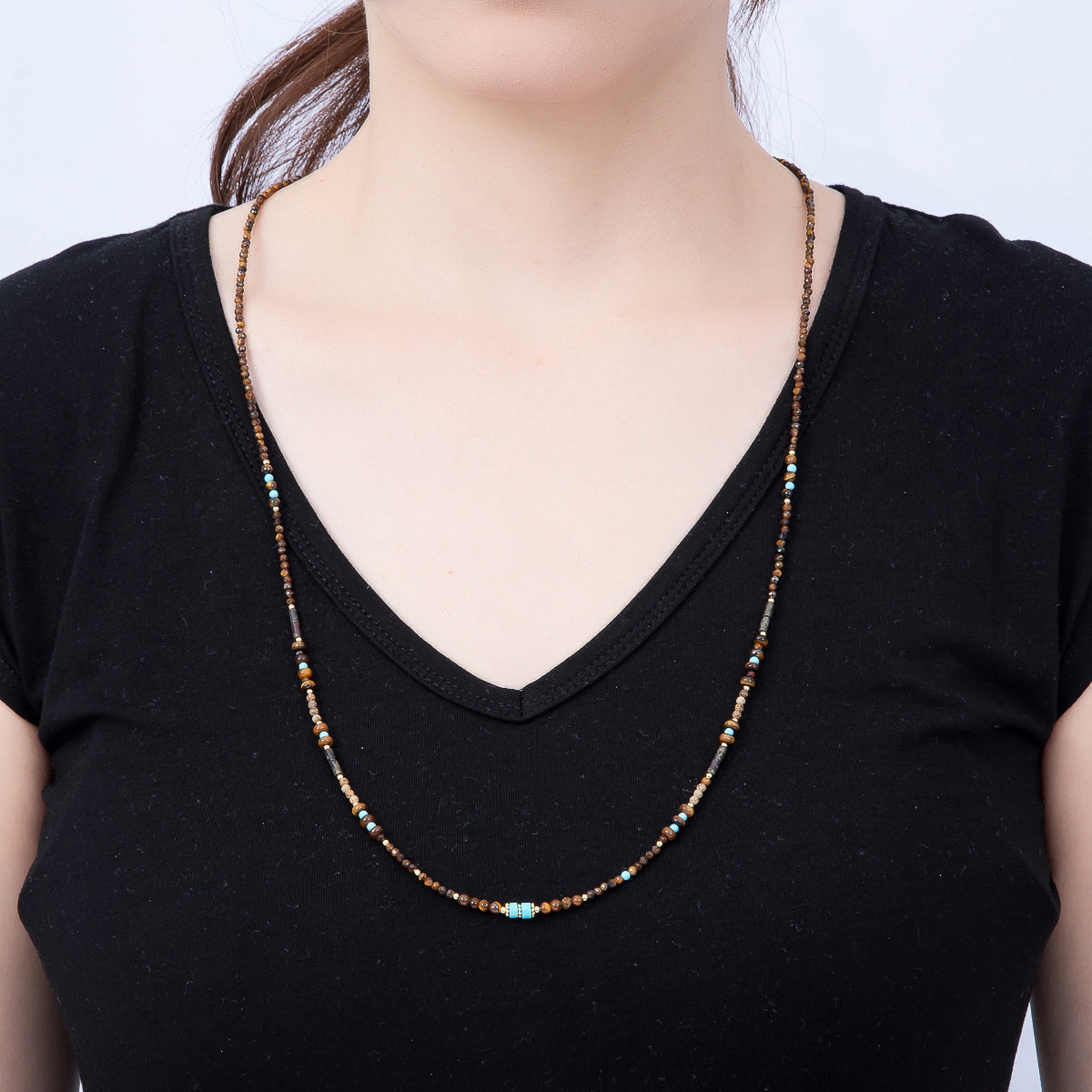 Handmade 2mm Turquoise Tiger Eye Multifaceted Round Rondelle Gemstone Chain 30 Inch Necklace | WA-00290