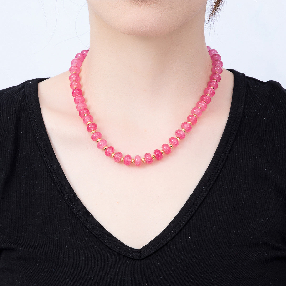 16K Gold Filled 4mm Pink Agate Bead Rondelle Gemstone Chain 18 Inch Necklace w. Dual Closure | WA-01740