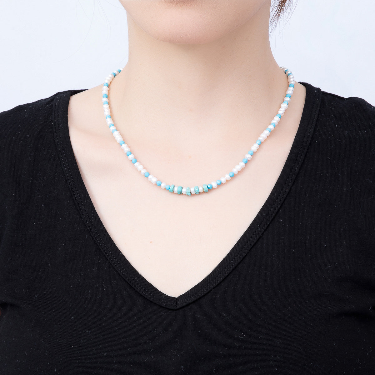16K Gold Filled 5.5mm Blue Turquoise Shell Pearl Button Gemstone Chain 18 Inch Necklace | WA-00325