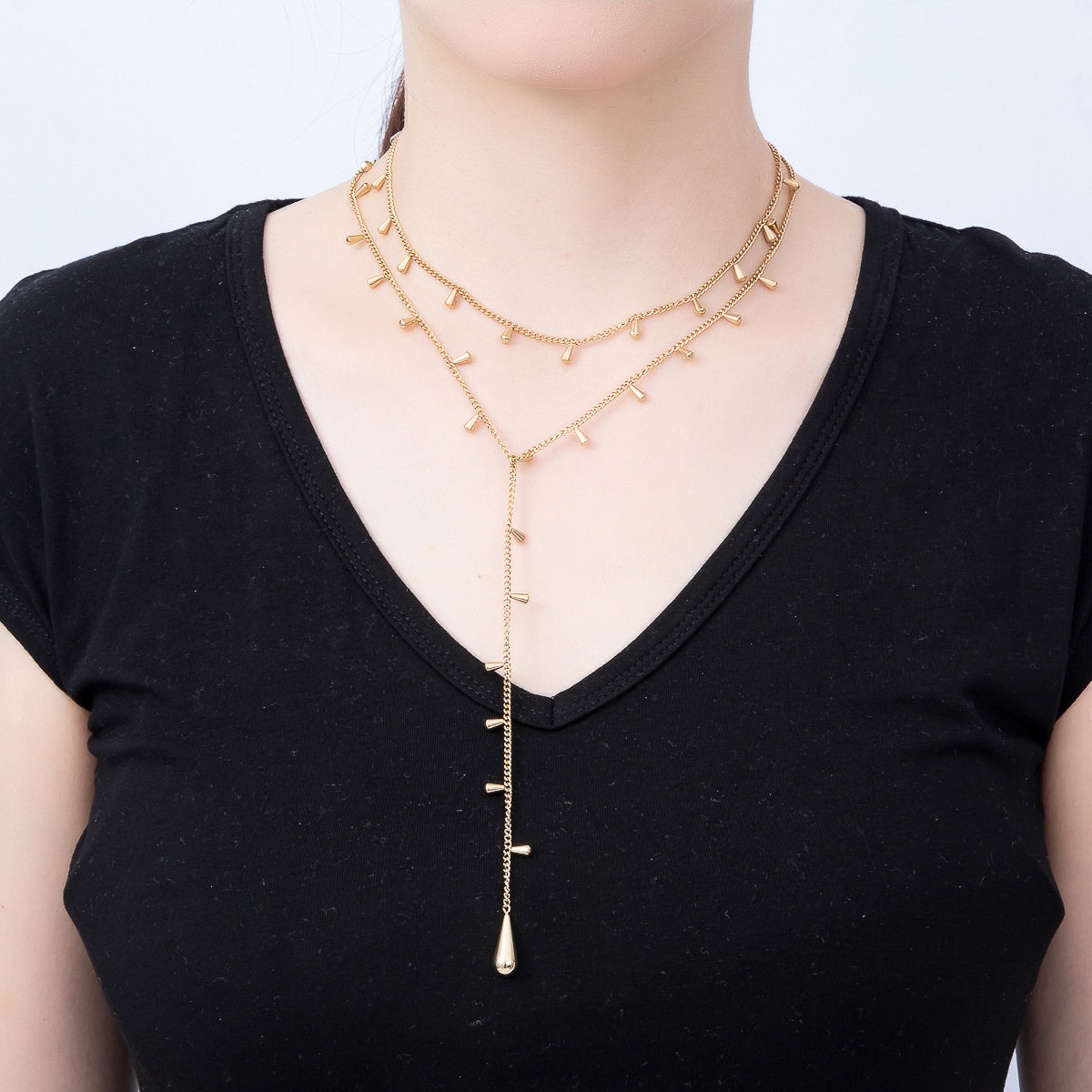 Stainless Steel 2mm Minimalist Teardrop Double Curb Lariat Chain Necklace | WA-00944