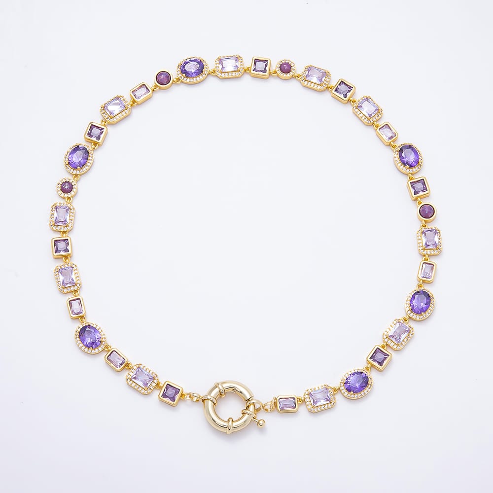 16K Gold Filled 11mm Mixed Shape Amethyst Purple CZ Statement Tennis Chain 18 Inch Necklace | WA-01092