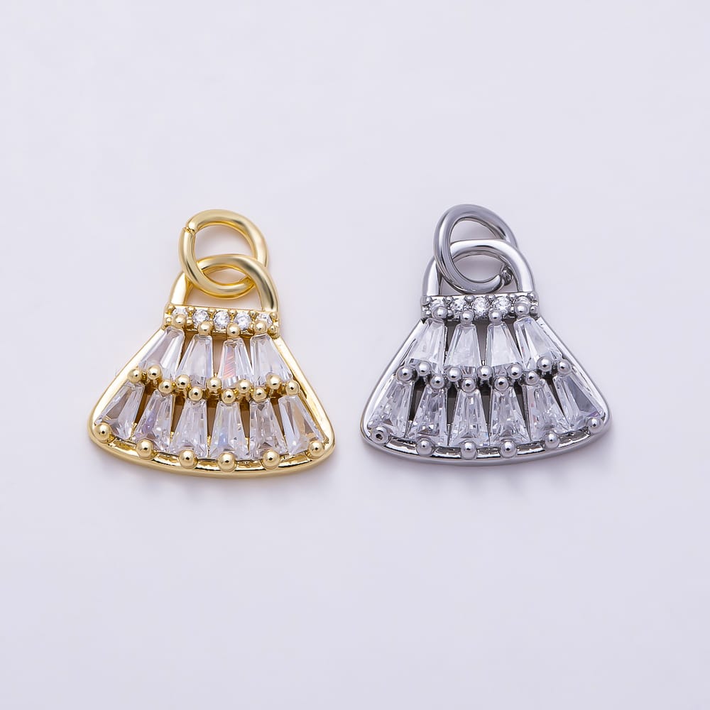 16K Gold Filled 12mm Baguette Micro Paved CZ Fan Bag Charm in Gold & Silver | Charms-02215 Charms-02216