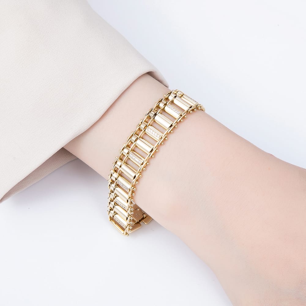 14K Gold Filled 16mm Micro Paved CZ Woven Geometric Panther Chain 7 Inch Bracelet | WA-01501
