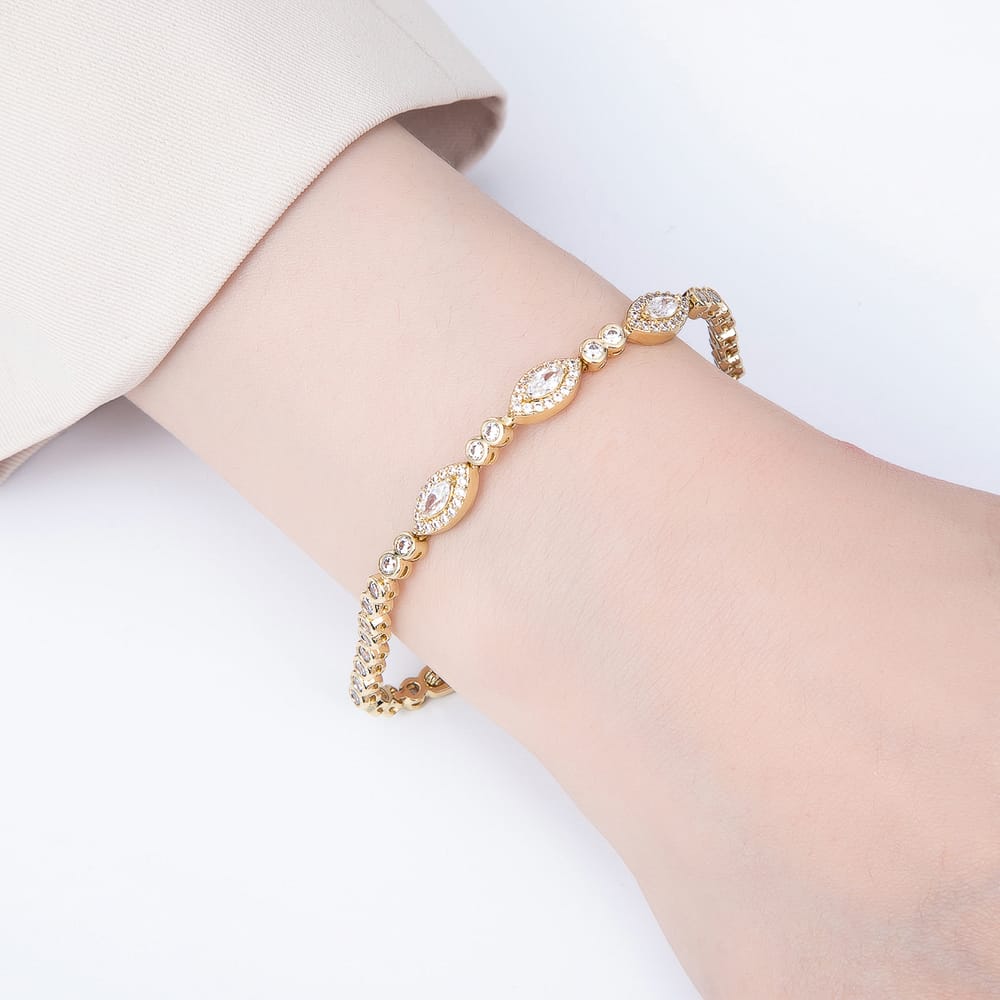 14K Gold Filled 4mm Clear CZ Round Evil Eye Tennis Gemstone Chain 6.5 Inch Bracelet | WA-01517