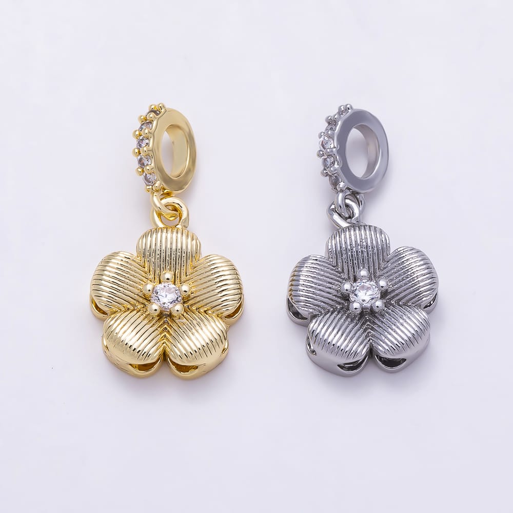 16K Gold Filled 12mm Slider Micro Paved CZ Textured 5-Petal Flower Charm | Charms-02209 - Charms-02210