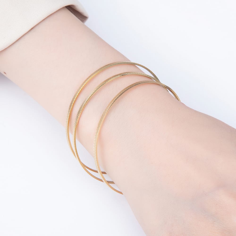 14K Gold Filled 64mm Triple Ribbed Textured Geometric Bangle Bracelet Set | WA-01240