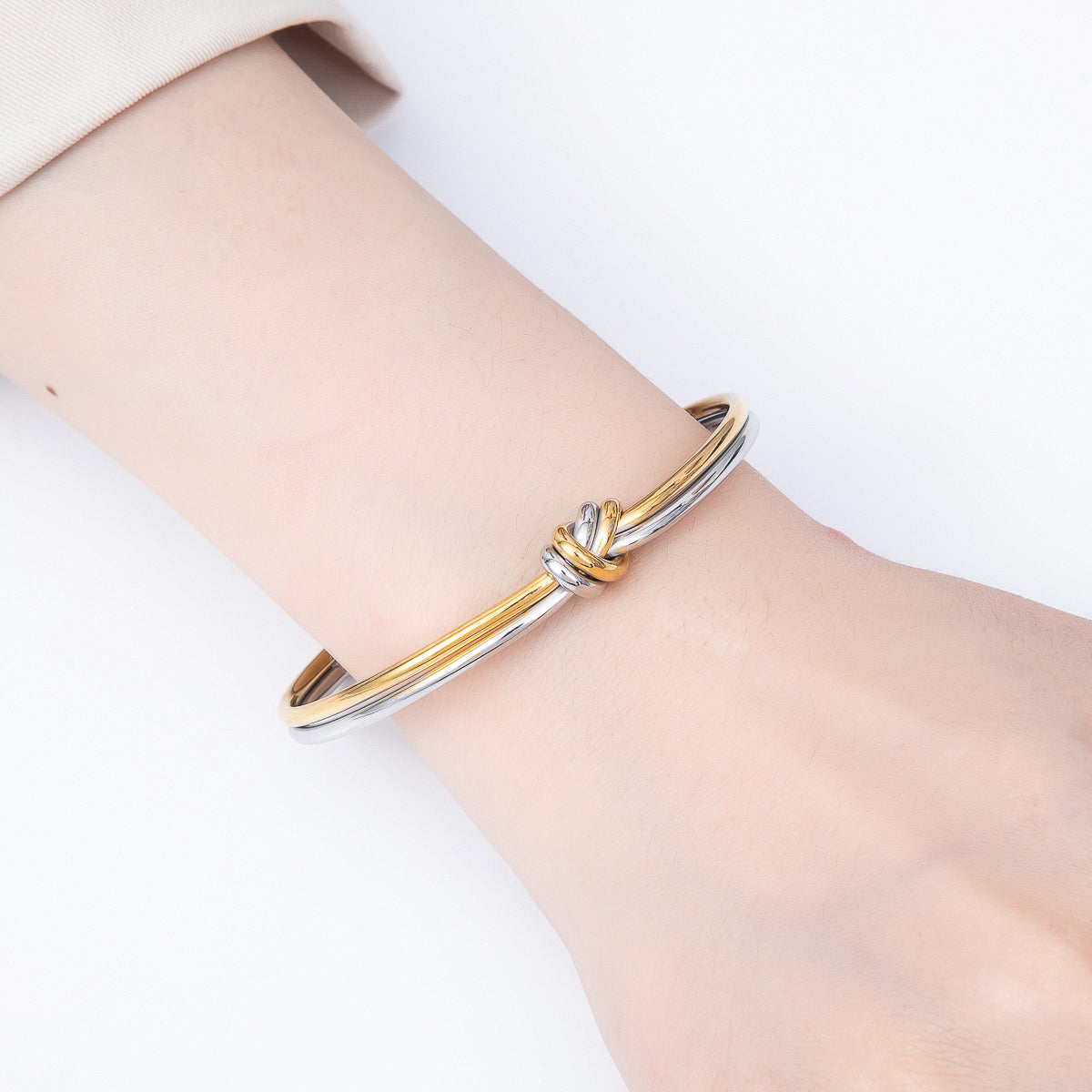 Stainless Steel PVD Knot Geometric Minimalist Mixed Metal Cuff Bracelet | WA-01329