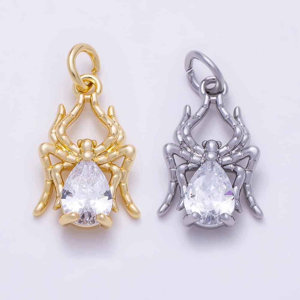 16K Gold Filled 15mm Clear CZ Teardrop Spider Insect Charm in Gold & Silver | Charms-02213 Charms-02214