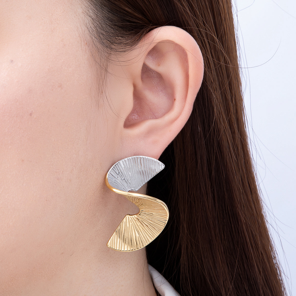 Stainless Steel Mixed Metal PVD 42mm Wide Band Twist Dotted Textured Geometric Stud | Earrings-00735