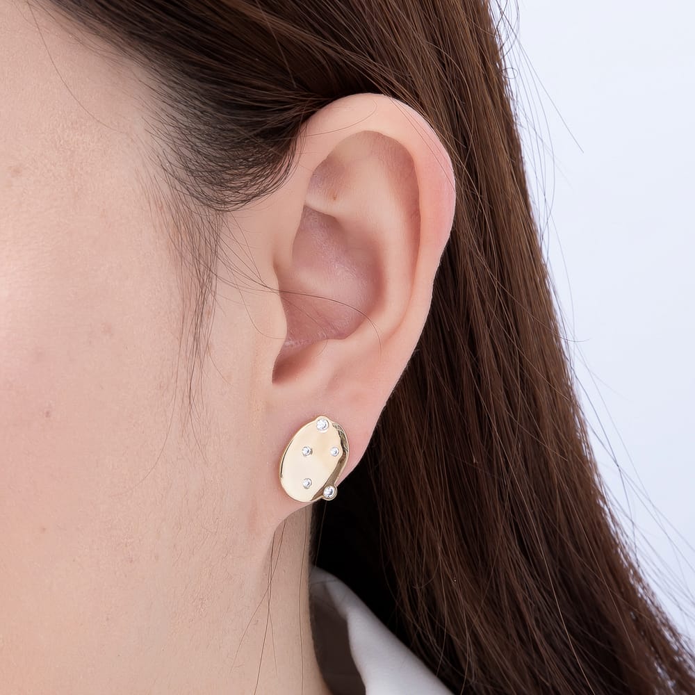 14K Gold Filled 14mm Clear CZ Round Dotted Geometric Oval Stud Earrings | Earrings-01117