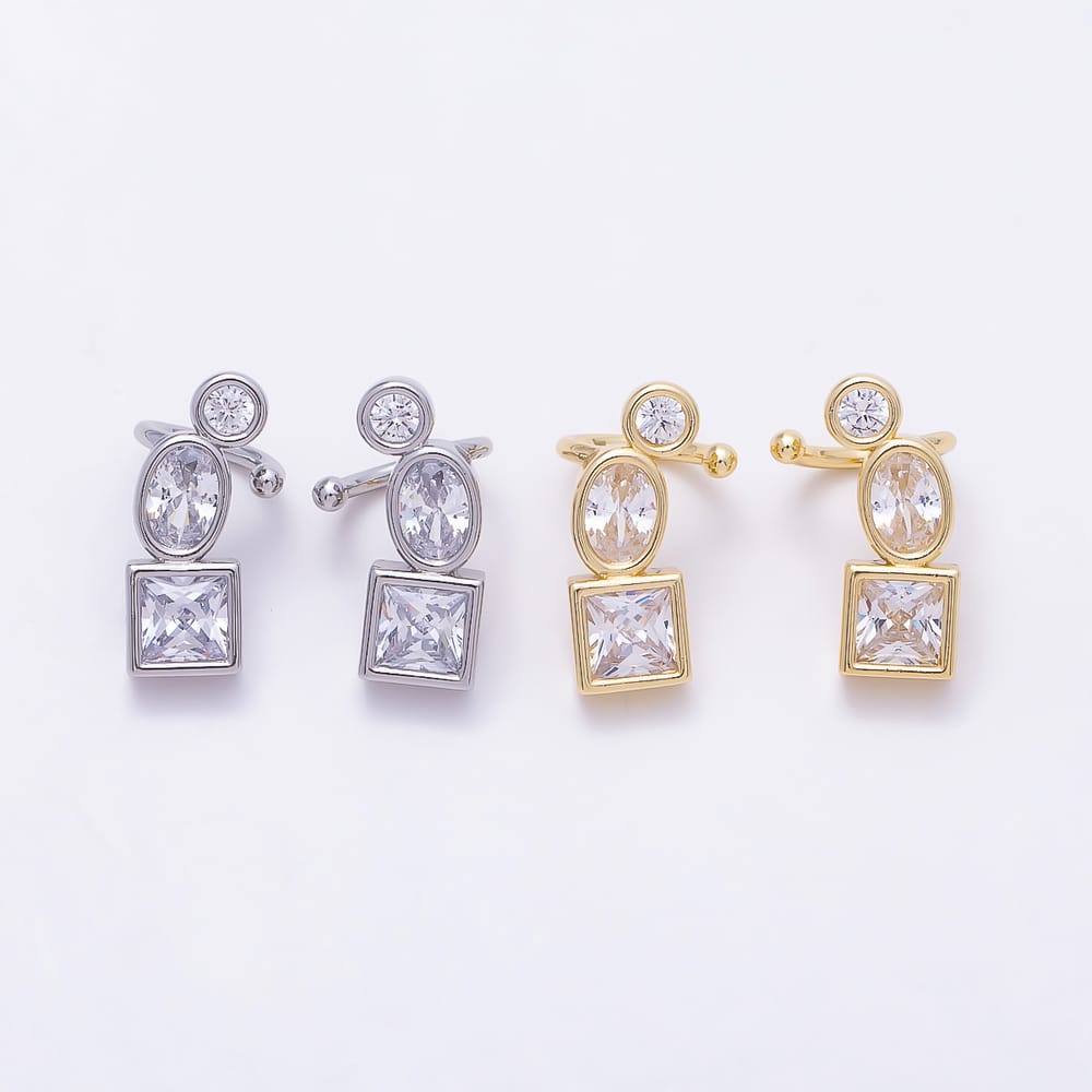 16K Gold Filled 17mm Clear CZ Round Oval Square Bezel Ear Cuff Earrings in Gold & Silver | AI00021 AI00022