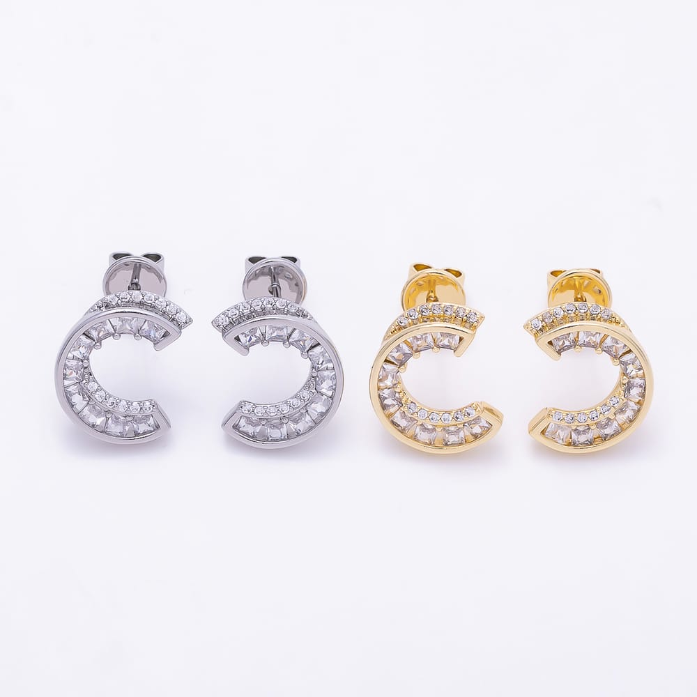 16K Gold Filled 16mm Double Row CZ C-Hoop Statement Earrings in Gold & Silver | Earrings-00945 - Earrings-00946