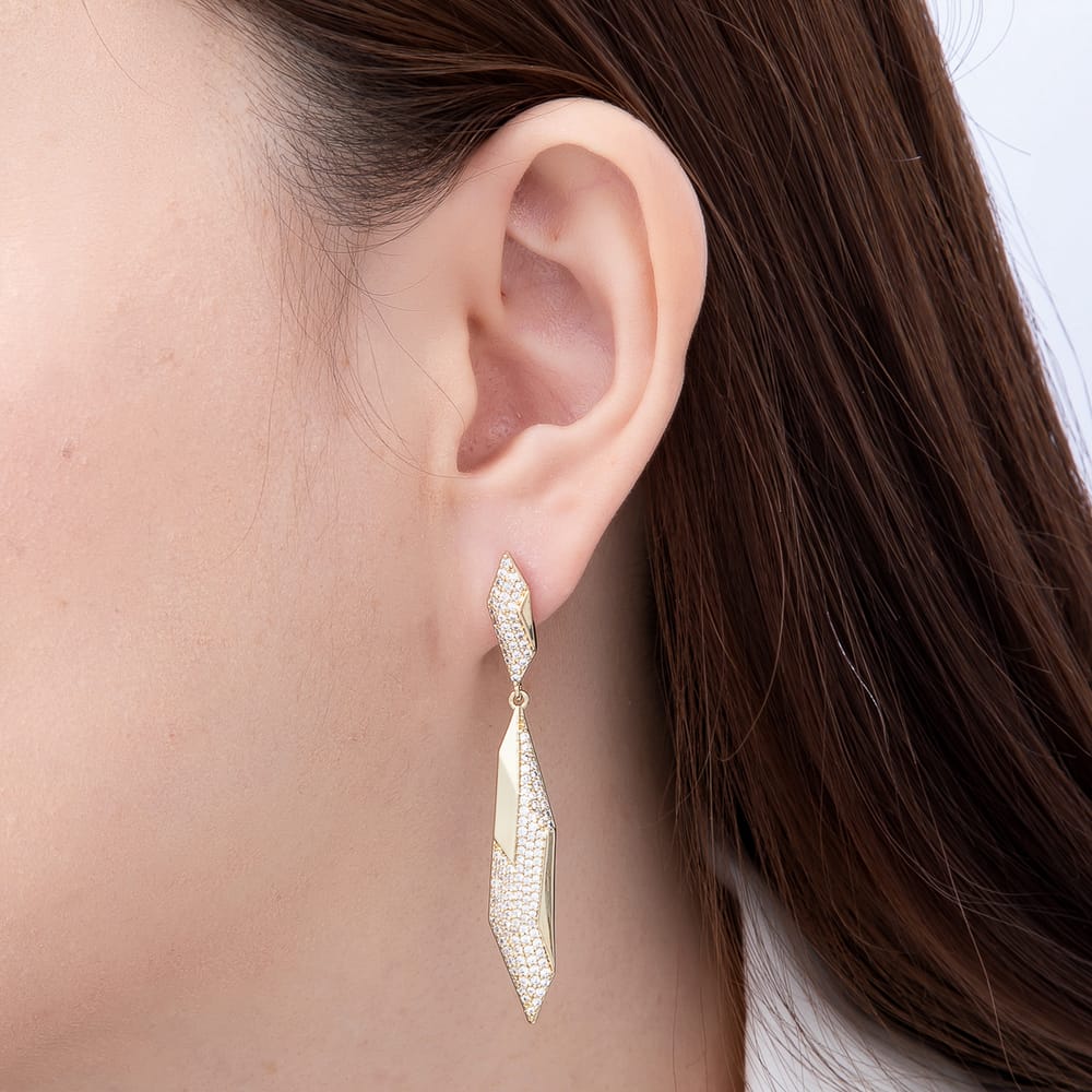 14K Gold Filled 19mm 60mm Micro Paved CZ Geometric Edged Drop Stud Earrings | Earrings-01114