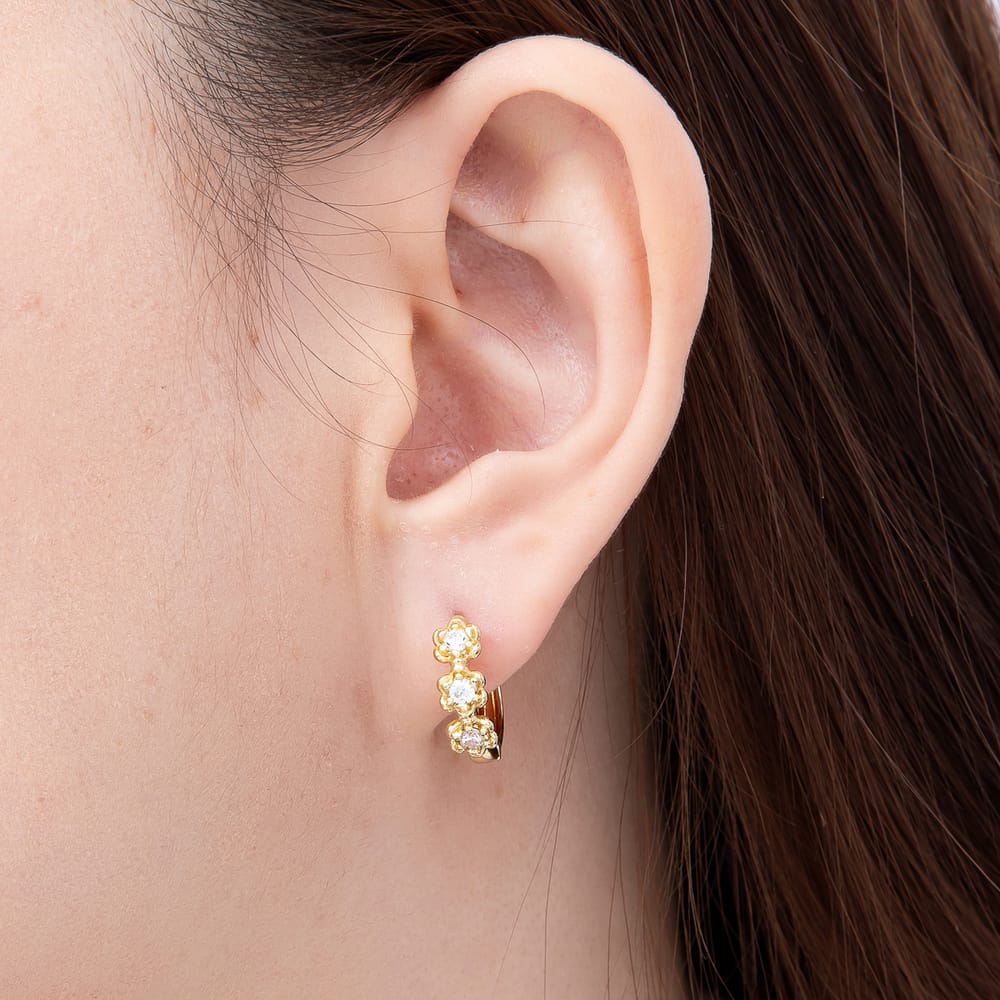 14K Gold Filled 15mm Clear Round CZ Triple Flower Huggie Earrings | Earrings-01126