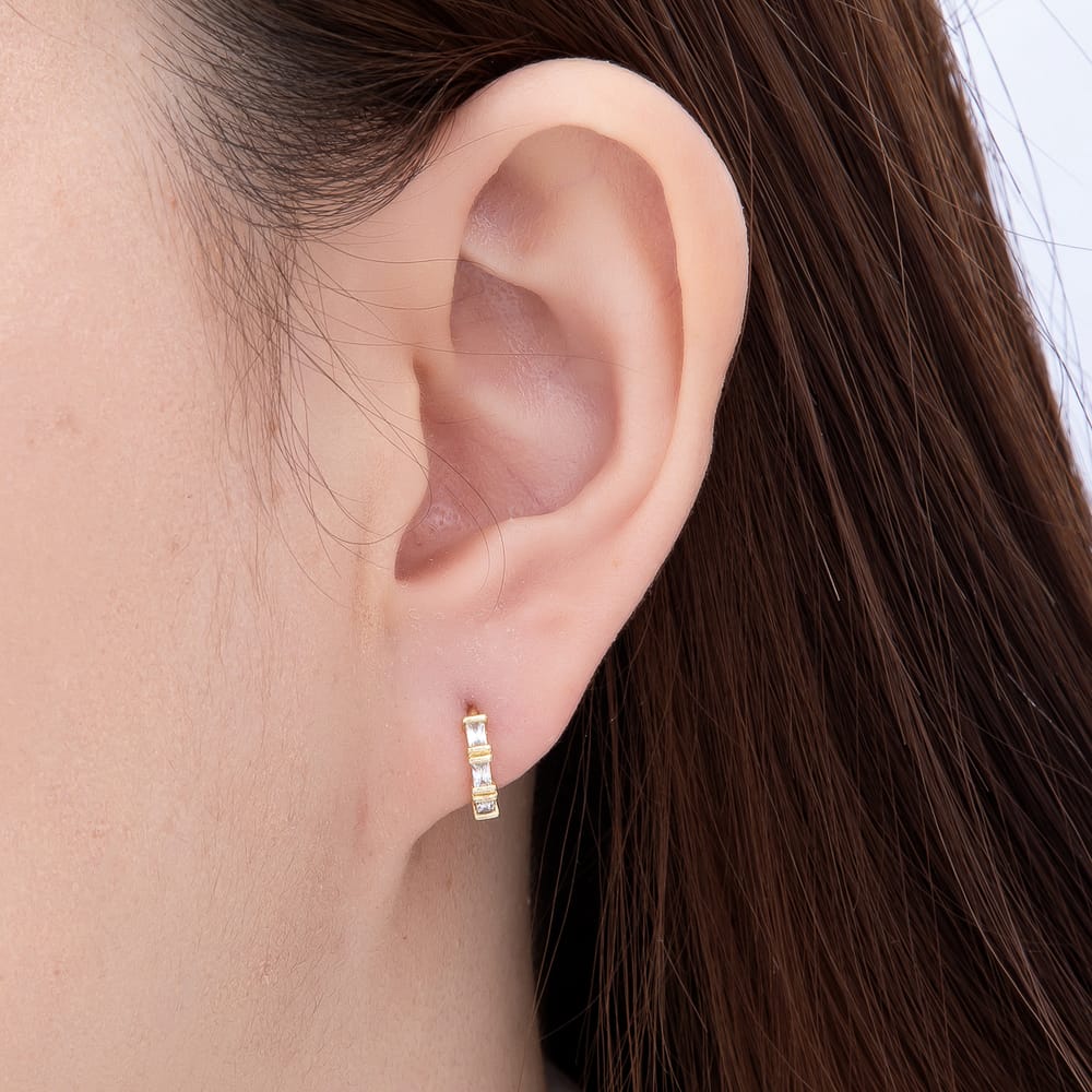 14K Gold Filled 11mm Clear Baguette CZ Lined Cartilage Huggie Earrings | Earrings-01136