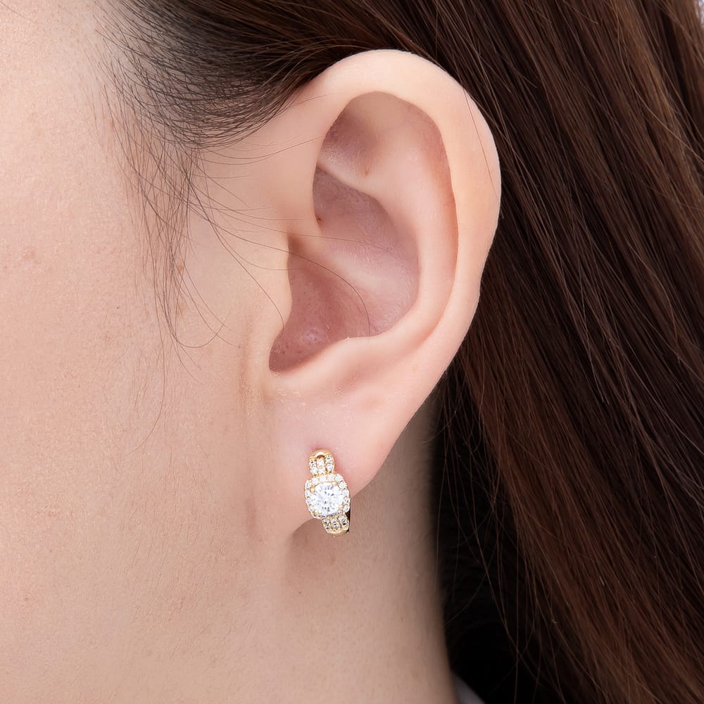 14K Gold Filled 16mm Round Micro Paved CZ Geometric Solitaire Huggie Earrings | Earrings-01132