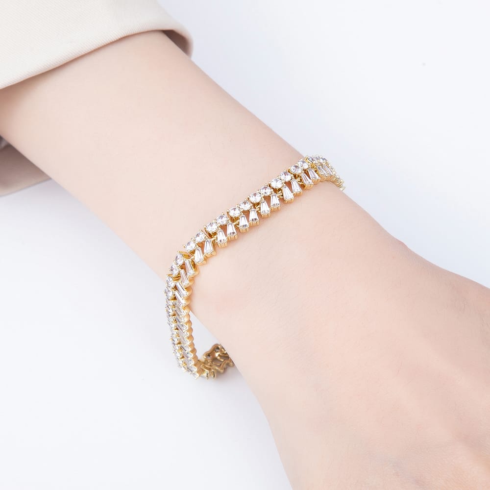 14K Gold Filled 8mm Clear CZ Round Baguette Double Row Tennis Gemstone Chain 6.5 Inch Bracelet | WA-01305