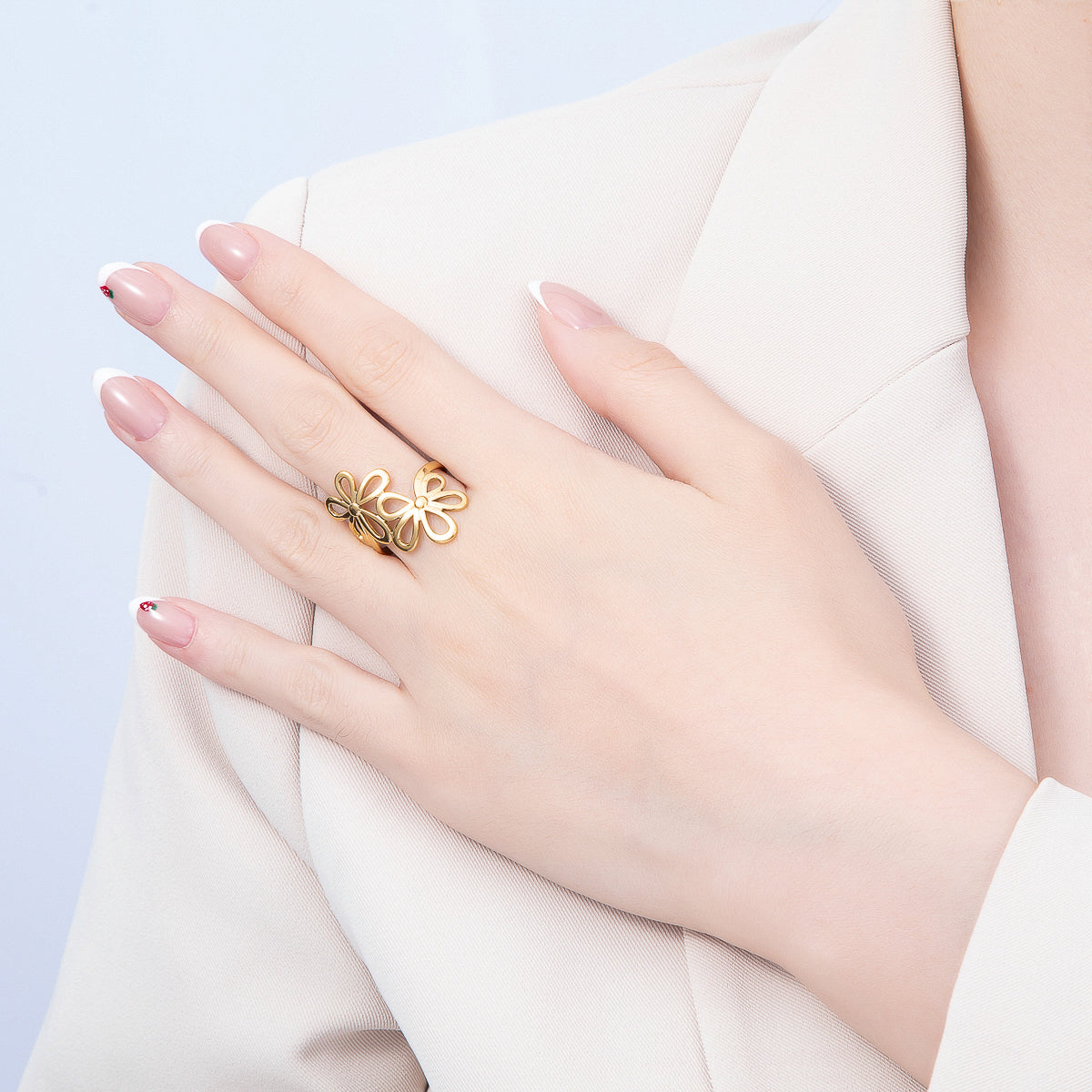 PVD Gold Stainless Steel Double Minimalist Open Bezel Flower Ring | Rings-00326