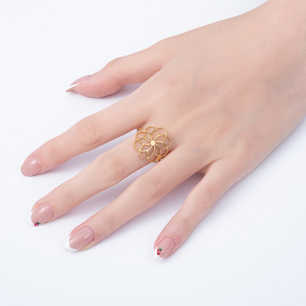 PVD Gold Stainless Steel Open Minimalist Flower Statement Ring | Rings-00323