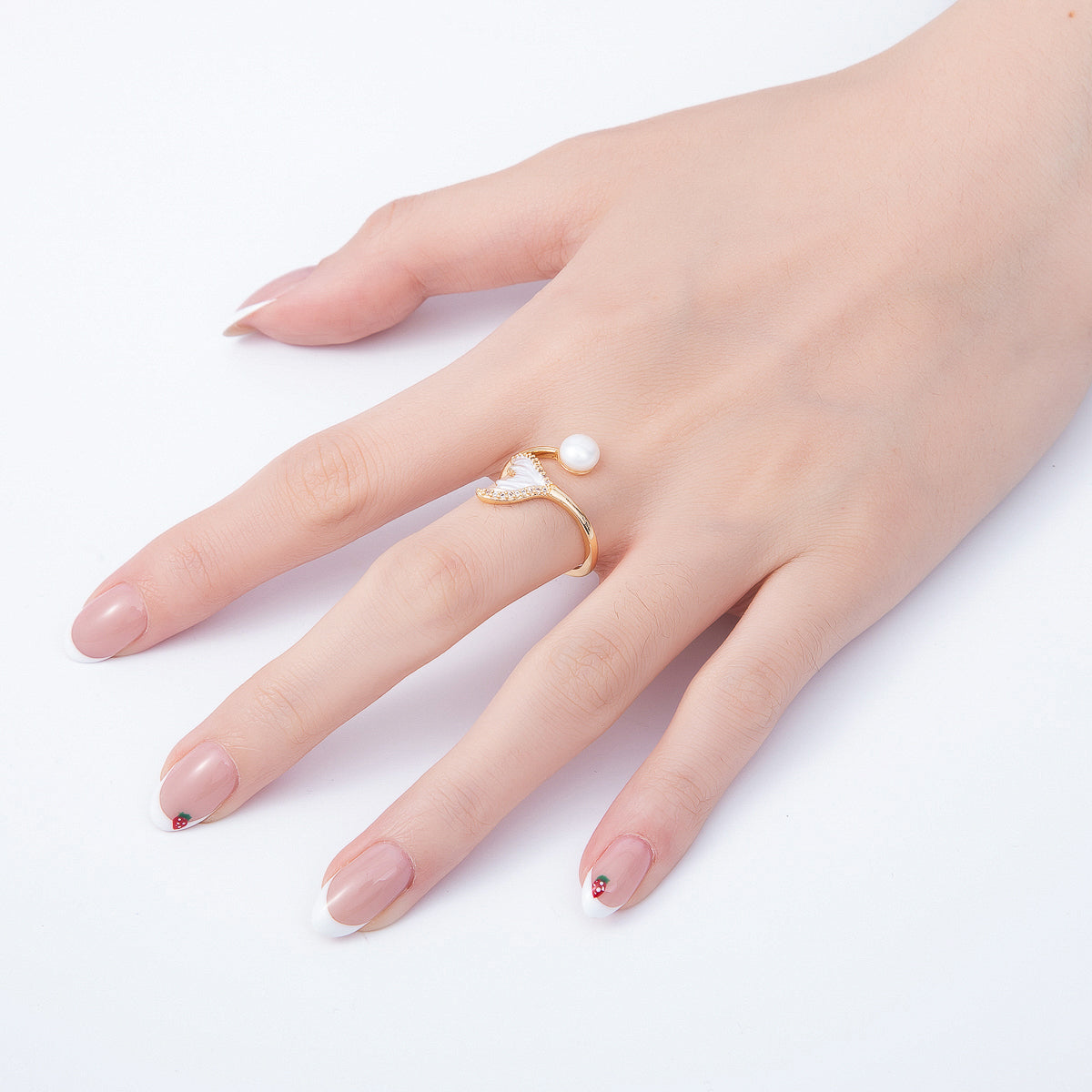 16K Gold Filled Shell Pearl Micro Paved CZ White Enamel Mermaid Tail Ring | Rings-00332