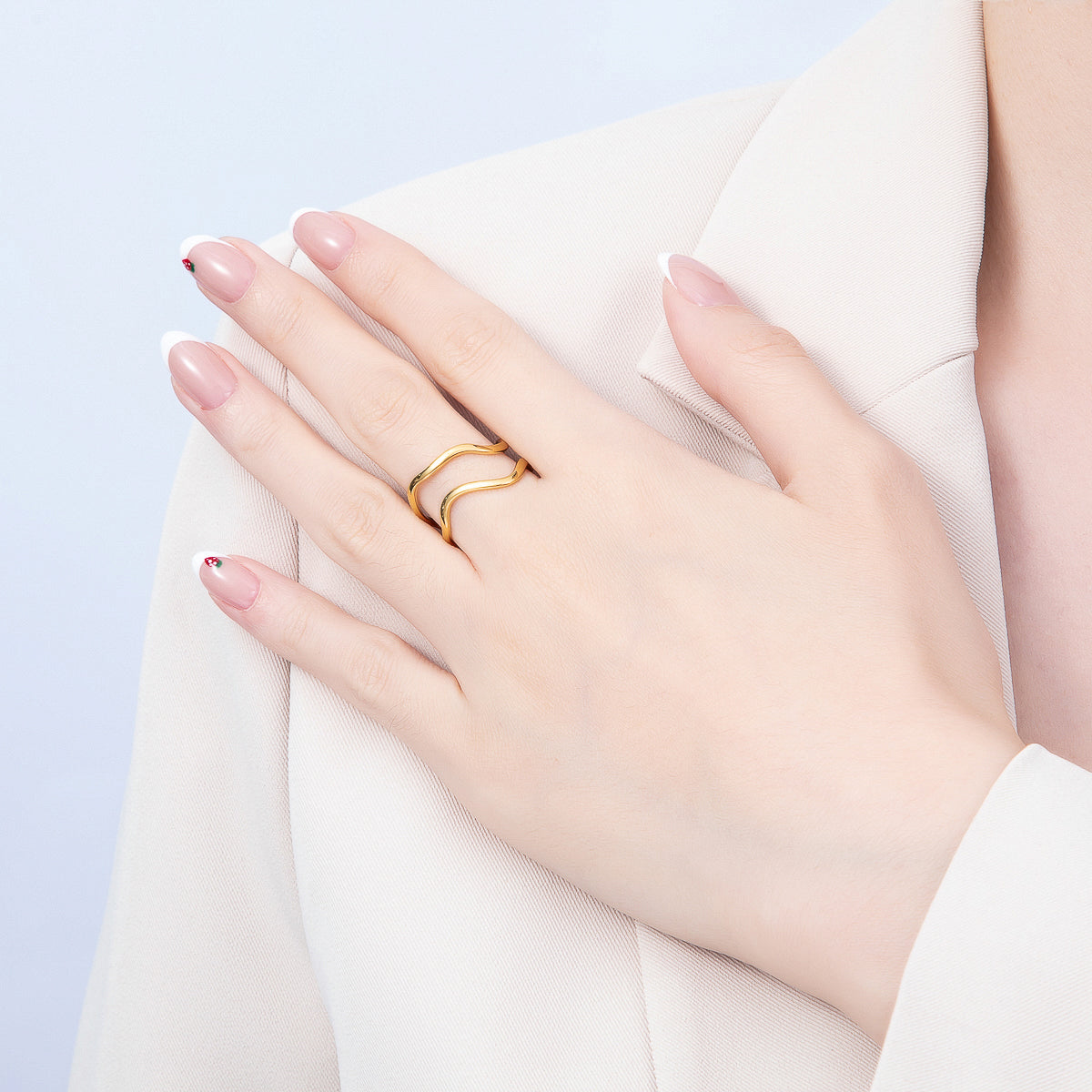 PVD Gold Stainless Steel Minimalist Wavy Double Band Ring | Rings-00316