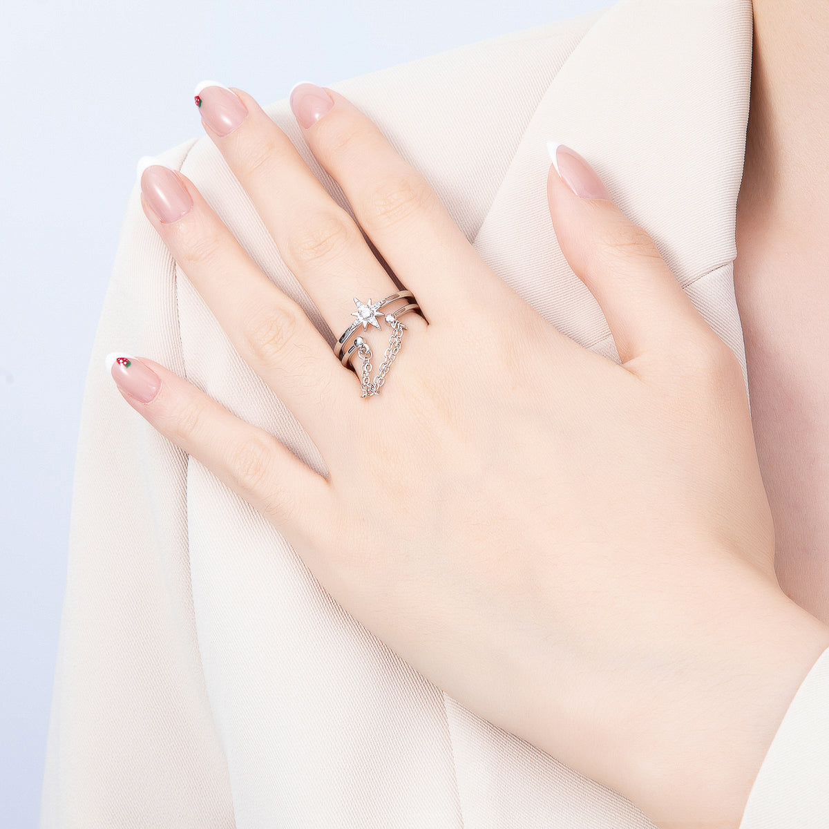 16K Gold Filled CZ Celestial North Star Cable Chain Drop Double Band Ring in Gold & Silver | Rings-00304 Rings-00305