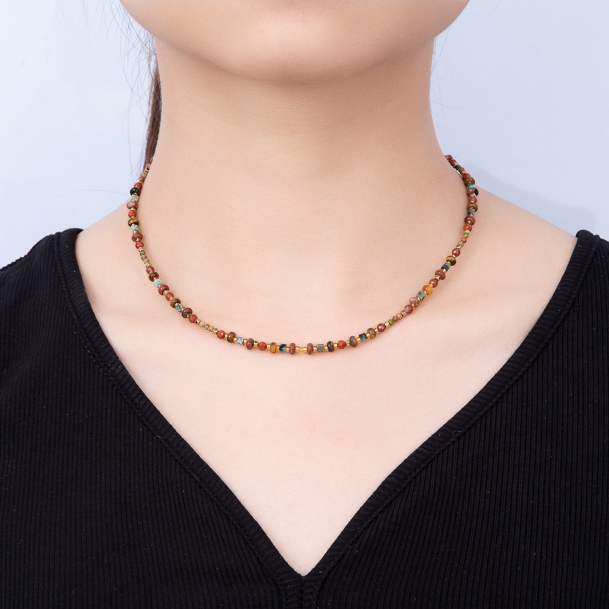 Handmade 4mm Earth Red Jasper Unakite Rondelle Gemstone Chain 16 Inch Necklace | WA-00459