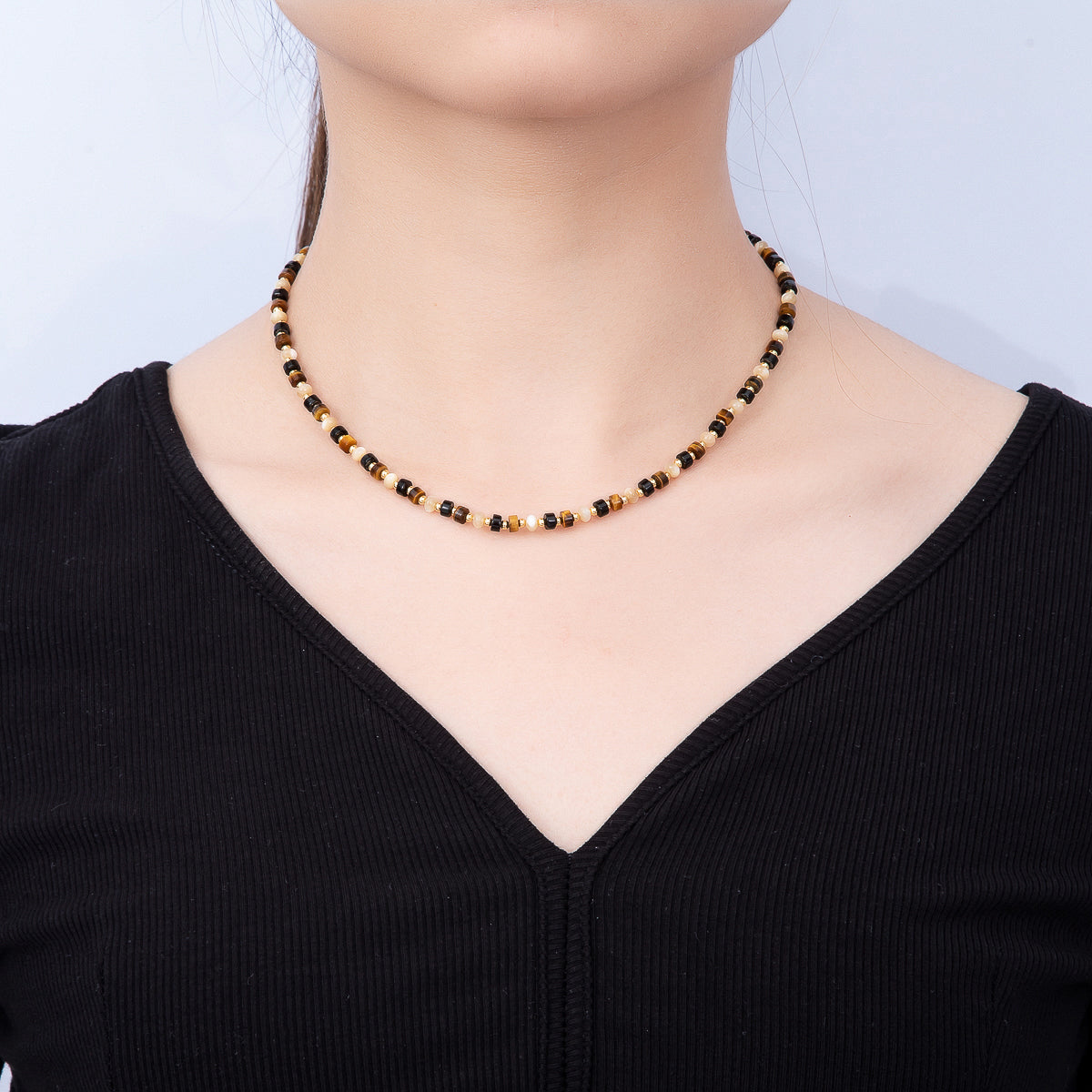 Handmade 4mm Tiger Eye Onyx Tube Rondelle Gemstone Chain 16 Inch Necklace | WA-00436