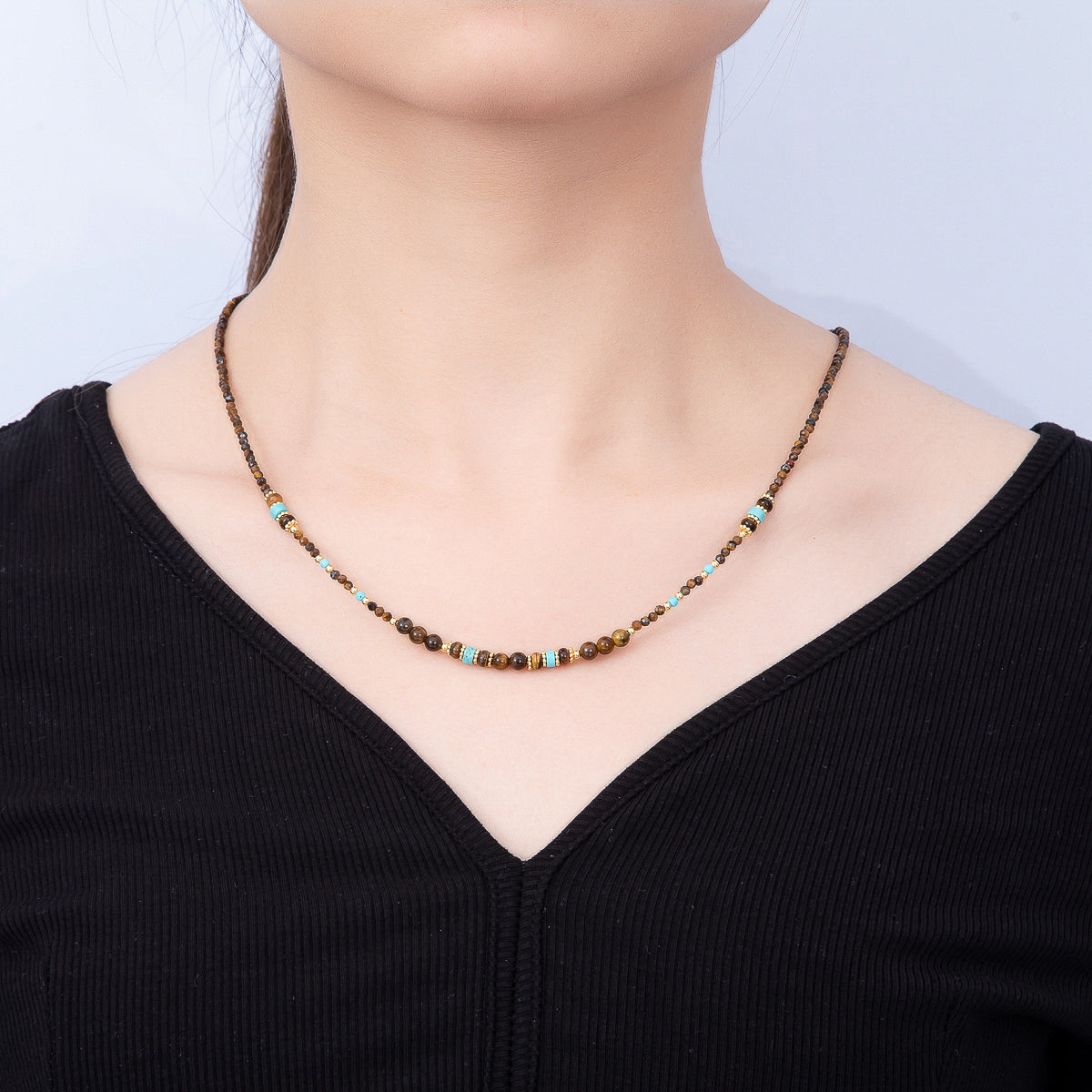 Handmade 4mm Turquoise Tiger Eye Round Gradient Gemstone Chain 22 Inch Necklace | WA-00491