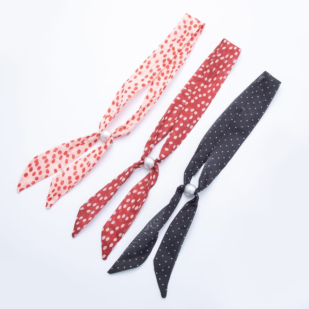 Faux Pearl Slider Beads Polka Dot Chiffon Ribbon Bandana Scarf Necklace | WA-00462 - WA-00463