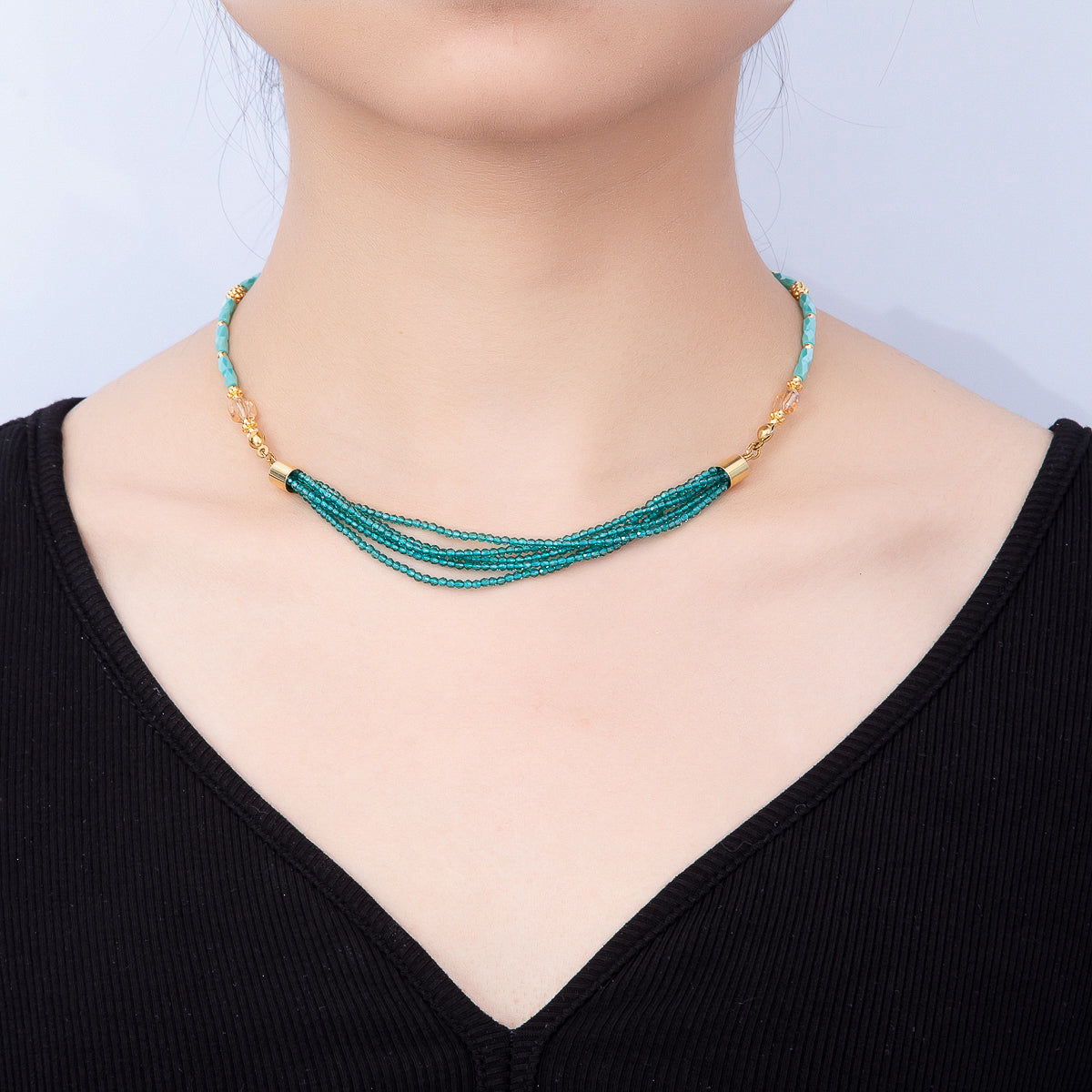 Handmade 3mm Blue, Red, White Crystal Round Tube Multi Layer Gemstone Chain 16.5 Inch Necklace | WA-00811 WA-00827 WA-00835