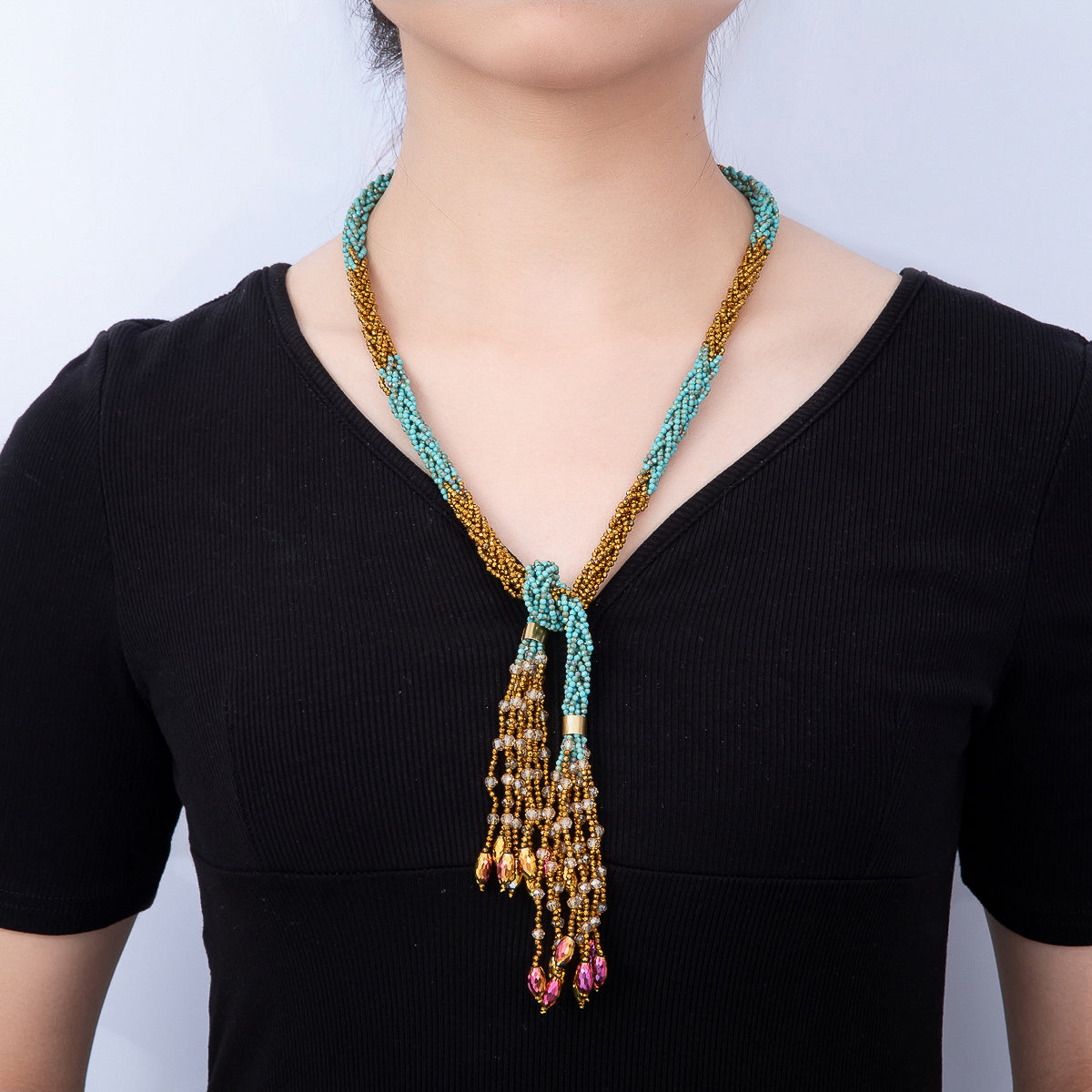 Handmade 7mm Multi Layer Fringe Knot Lariat Multifaceted Crystal Gemstone Chain 36 Inch Necklace | WA-01145 ~ WA-01307