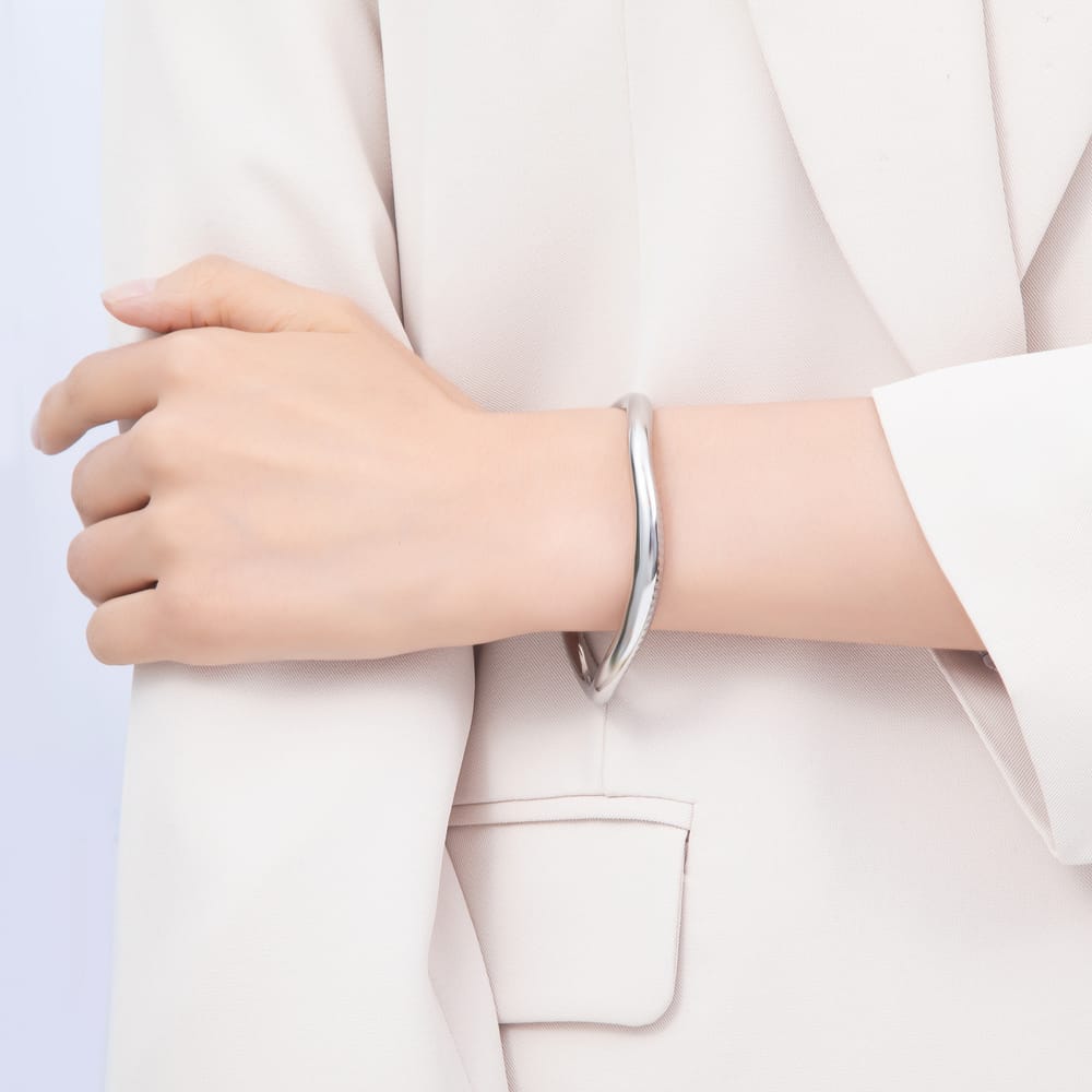 Silver Stainless Steel Ribbed Lined Geometric Cuff Bracelet | WA-01987