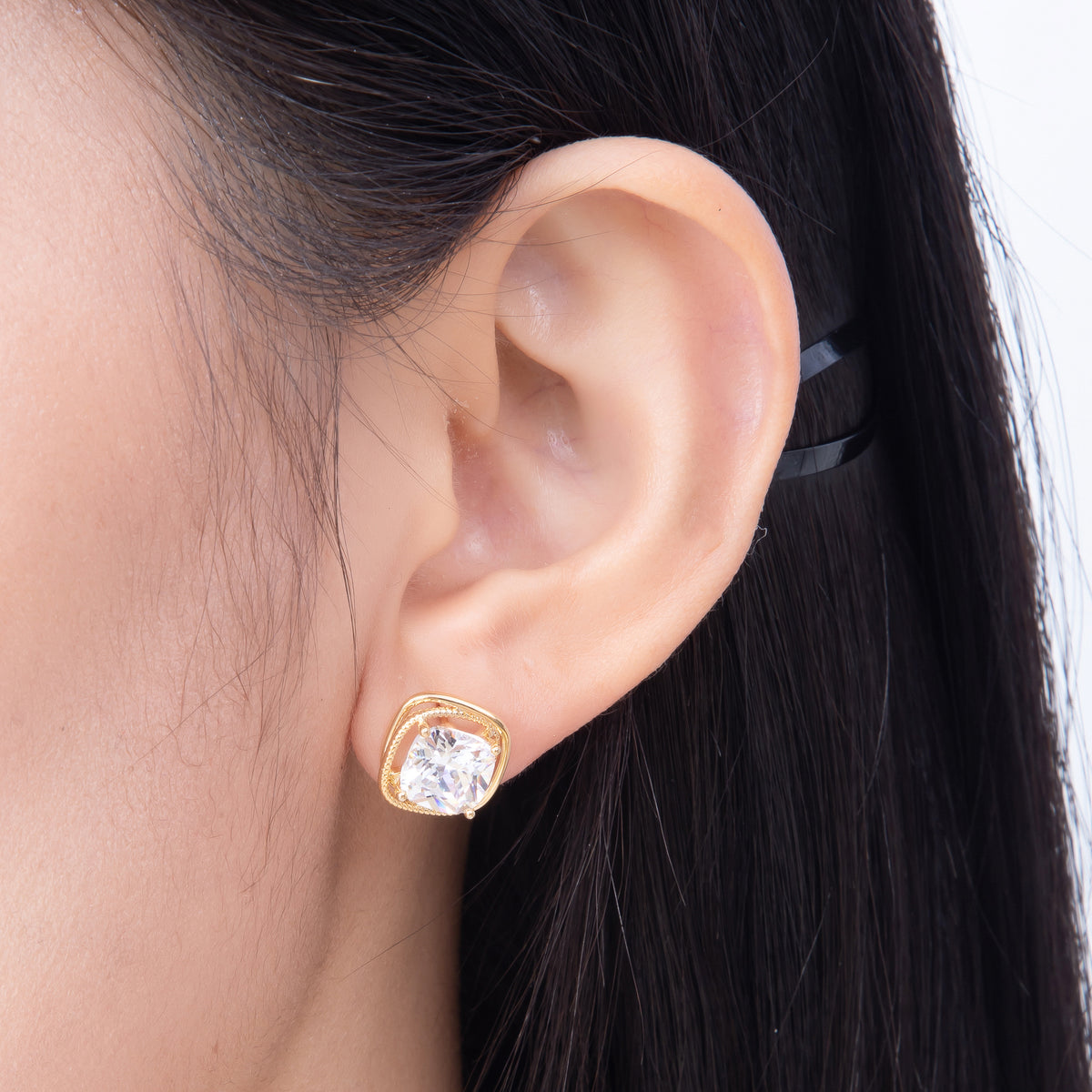 16K Gold Filled 12mm Clear CZ Ice Cut Solitaire Square Geometric Bezel Stud in Gold & Silver | Earrings-00769 Earrings-00770