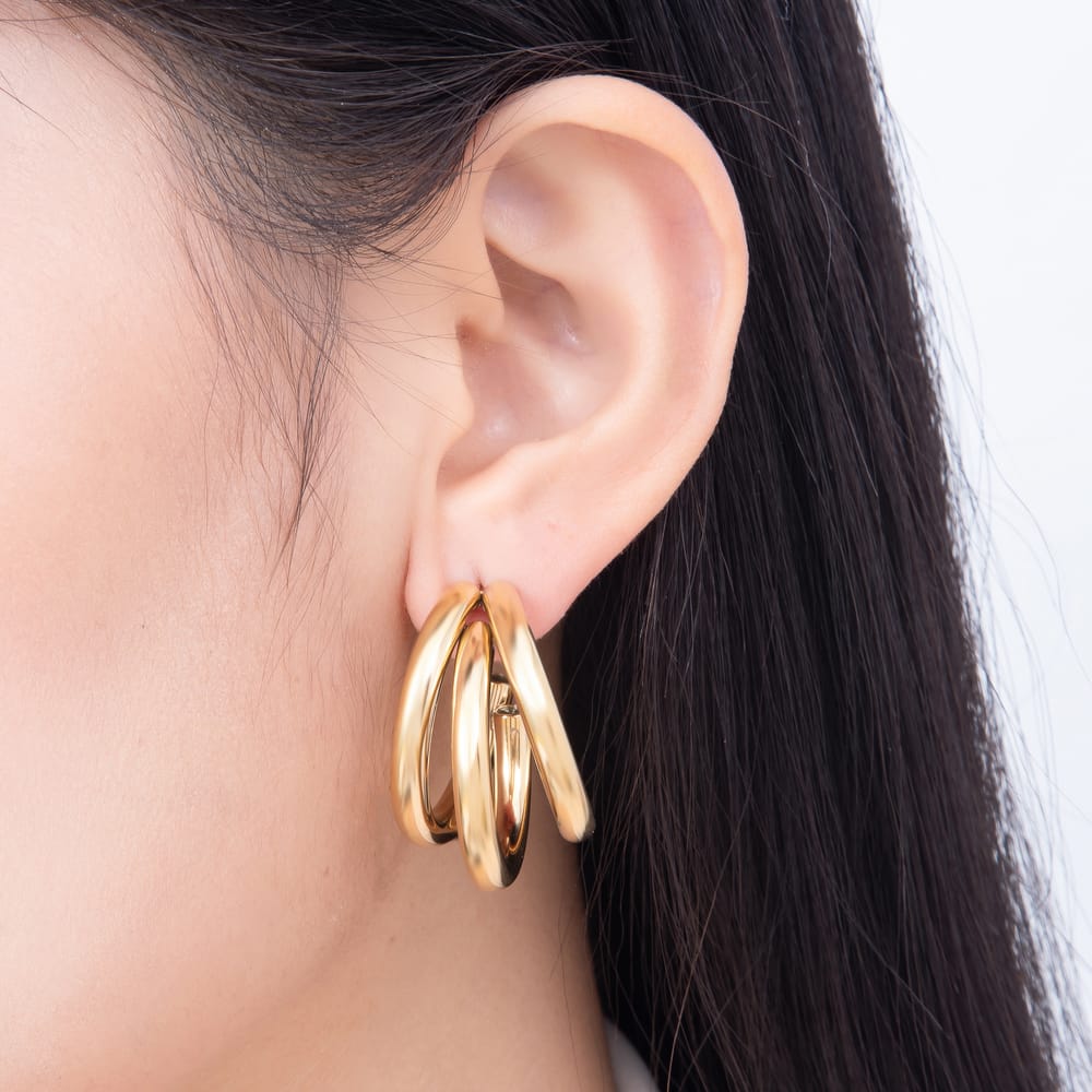 Stainless Steel PVD 30mm Triple Band Overlap C-Shaped Hoop Earrings | Earrings-01178