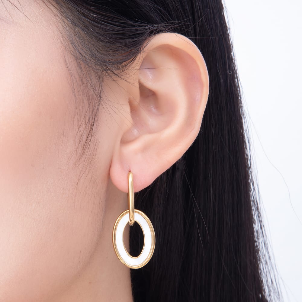 Stainless Steel PVD 35mm Shell Pearl Paperclip Drop U-Shaped Oblong Hoop Earrings | Earrings-01162