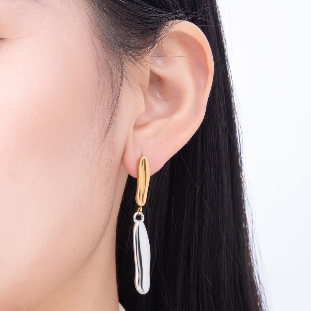 Stainless Steel PVD 53mm Mixed Metal Molten Oval Drop Stud Earrings | Earrings-01173