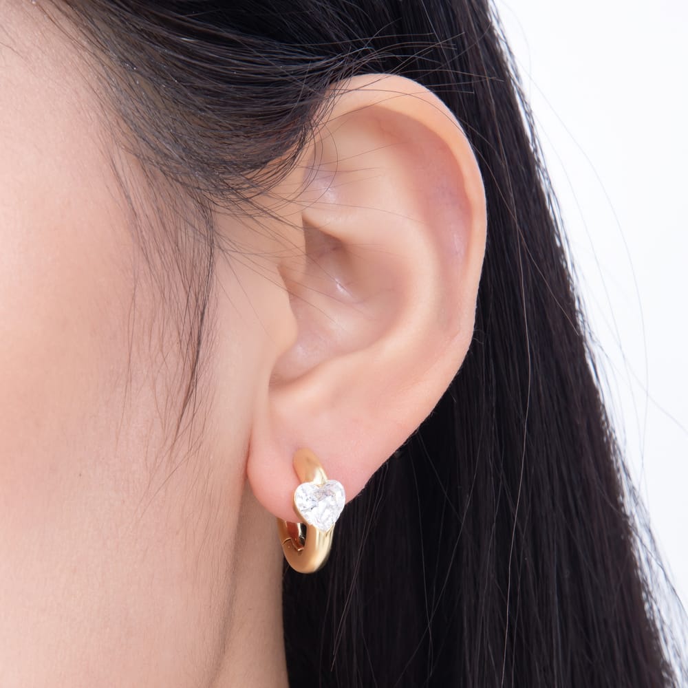 16K Gold Filled 17mm Clear CZ Heart Chubby Cartilage Huggie Earrings | Earrings-01063