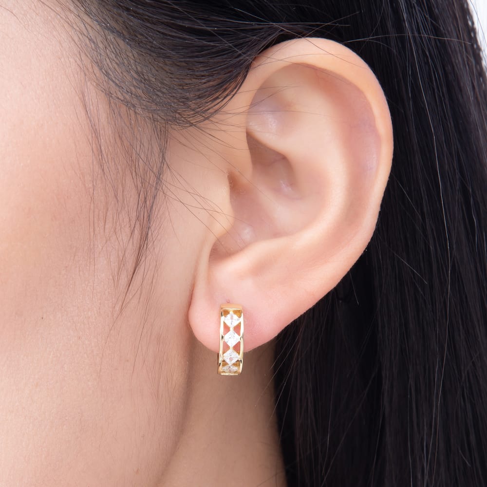 16K Gold Filled 14mm Clear Rhombus CZ Open Band Cartilage Huggie Earrings | Earrings-00907
