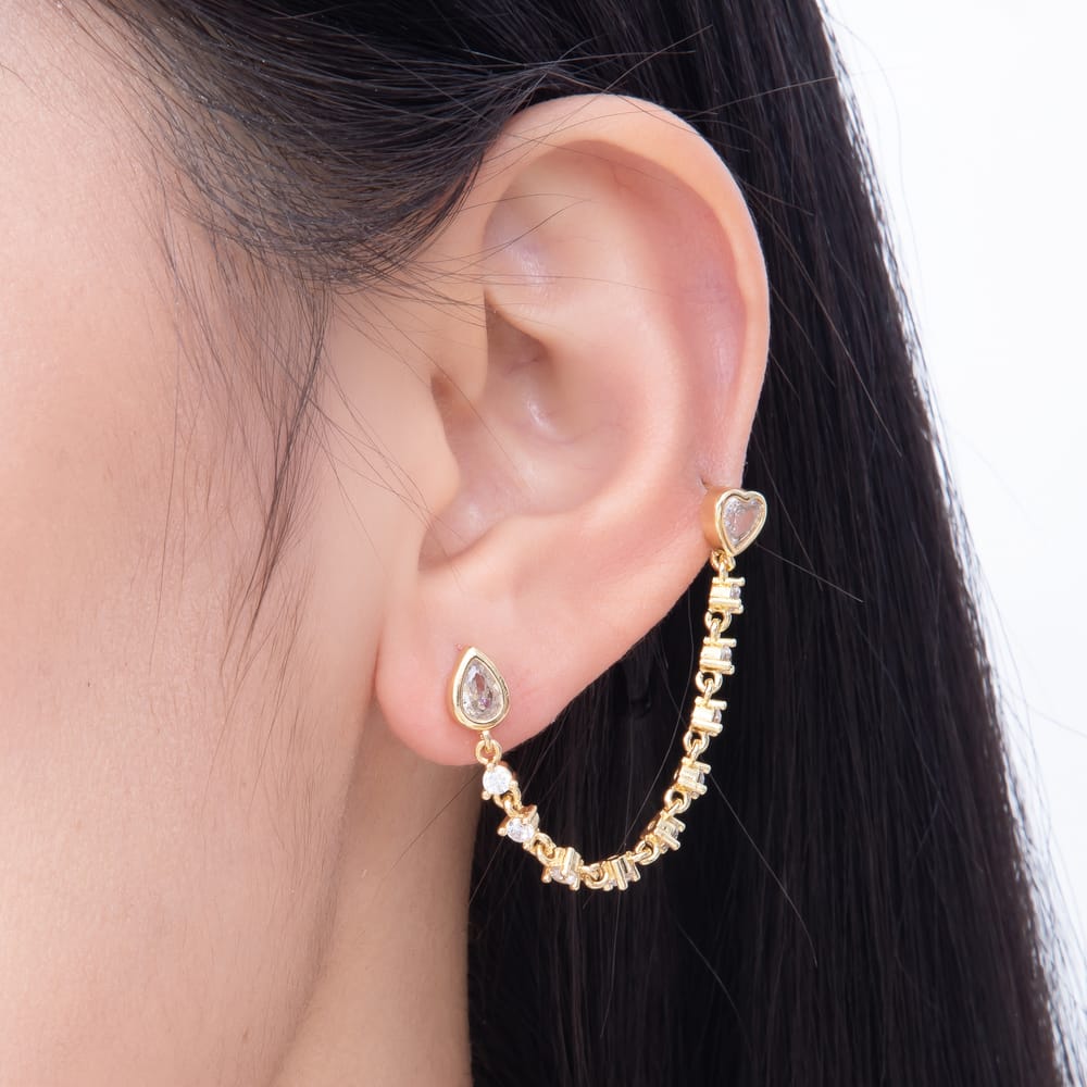16K Gold Filled 70mm Clear CZ Teardrop Heart Chain Drop Double Stud Earrings | Earrings-00914