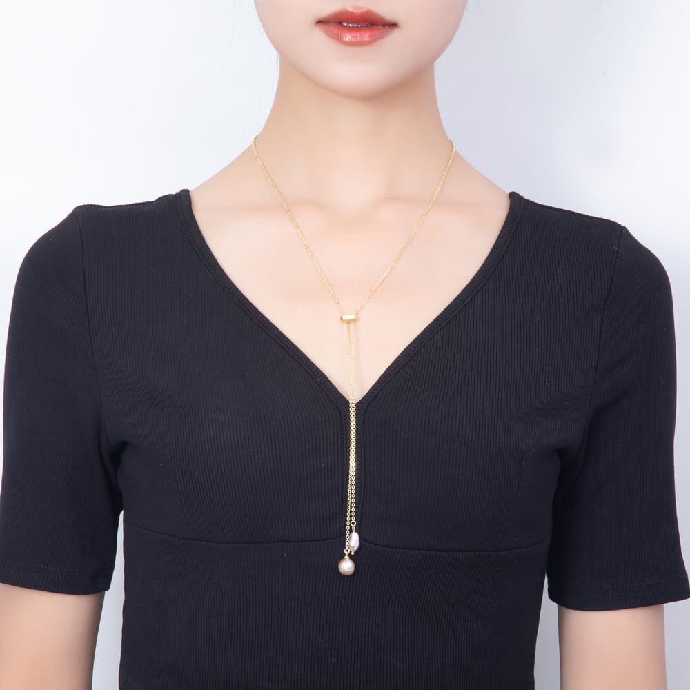 16K Gold Filled 2mm Double Shell Pearl Button Gemstone Slide Lariat Chain 15 Inch Necklace | WA-01390