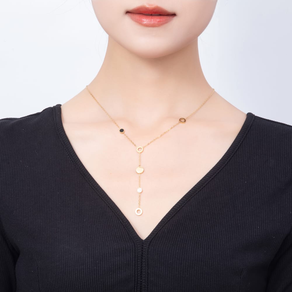 Stainless Steel 5mm Shell Pearl Black Enamel Round Cable Lariat Chain 17.5 Inch Necklace in Gold & Silver | WA-00166 WA-00167