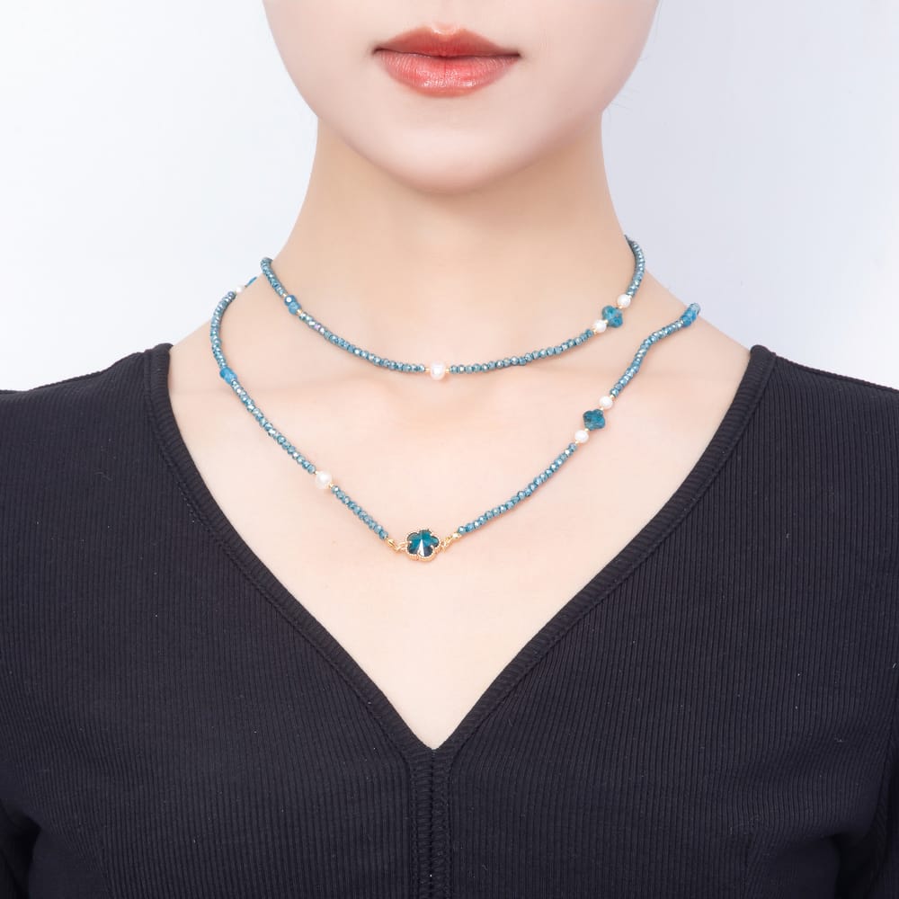 Stainless Steel 12mm Blue Kyanite Shell Pearl Multifaceted Round Crystal Gemstone Chain 40 Inch Necklace | WA-01141