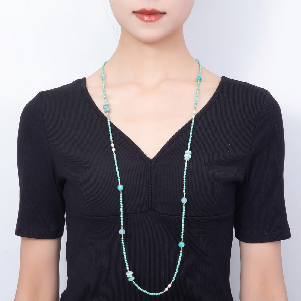 Stainless Steel 10mm Blue Turquoise Shell Pearl Multifaceted Round Crystal Gemstone Chain 40 Inch Necklace | WA-01199