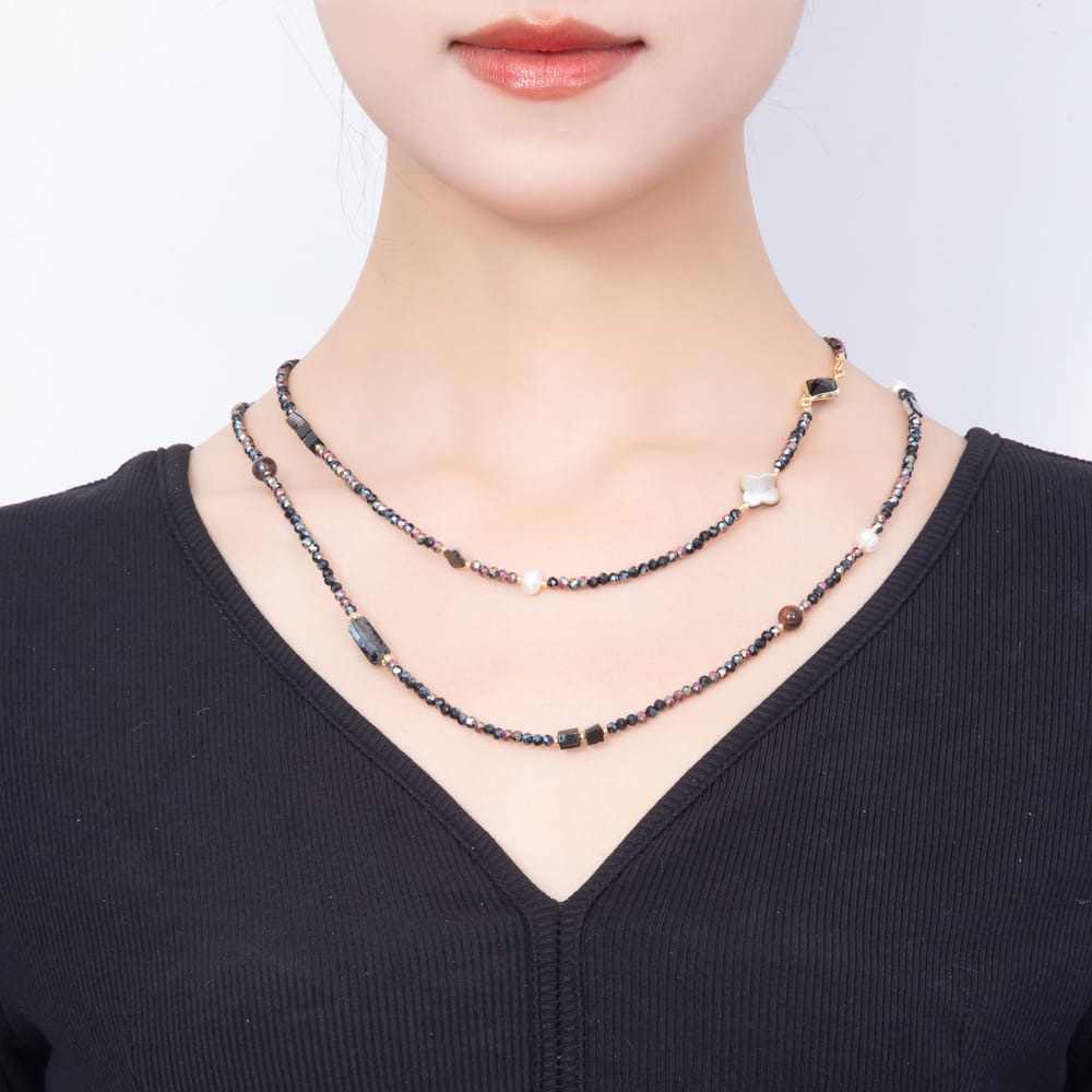 Stainless Steel 12mm Black Iridescent Shell Pearl Multifaceted Round Crystal Gemstone Chain 40 Inch Necklace | WA-01153