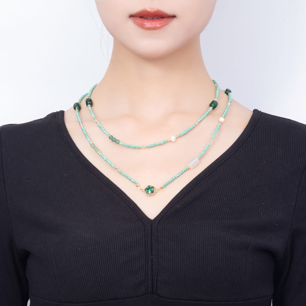 Stainless Steel 12mm Light Green Aventurine Shell Pearl Multifaceted Round Crystal Gemstone Chain 40 Inch Necklace | WA-01149