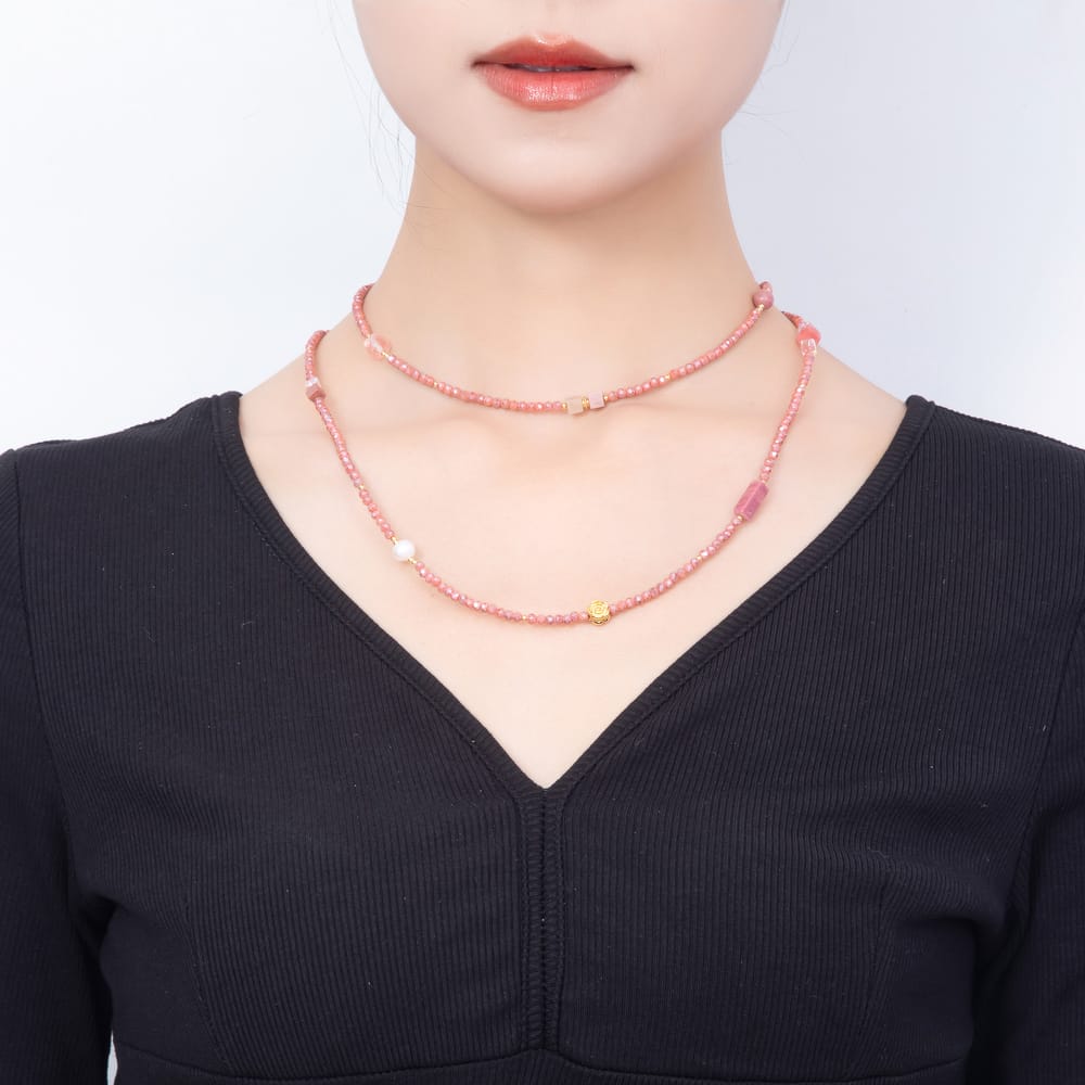 Stainless Steel 7mm Pink Rhodolite Multifaceted Round Crystal Gemstone Chain 40 Inch Necklace | WA-01188
