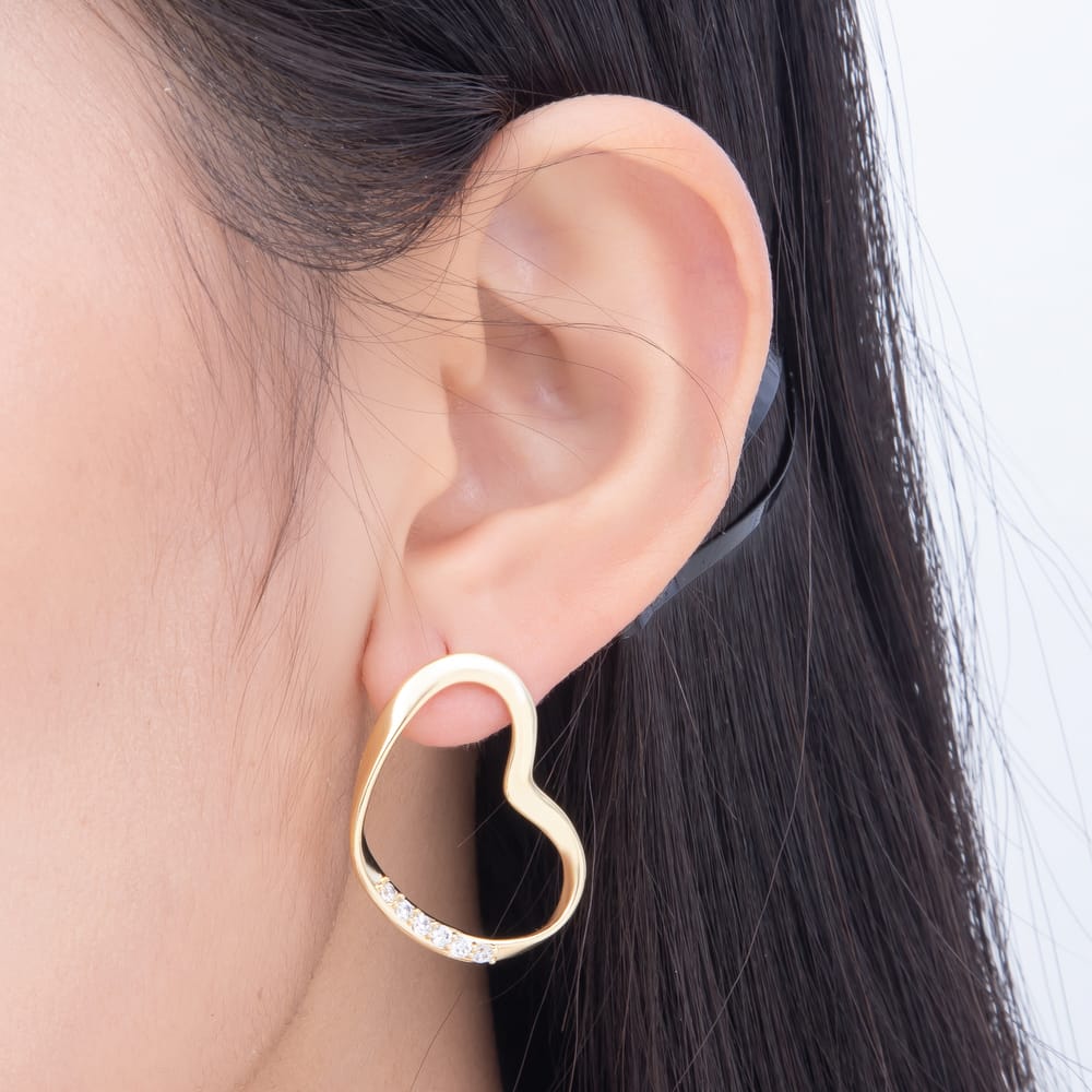 16K Gold Filled 30mm Micro Paved CZ Open Geometric Heart Stud Earrings | Earrings-01087