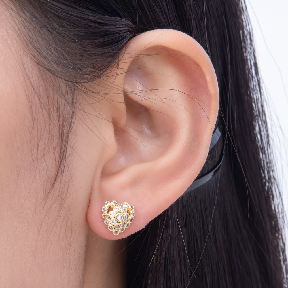 16K Gold Filled 10mm Clear CZ Round Bezel Dome Heart Stud Earrings | Earrings-01096