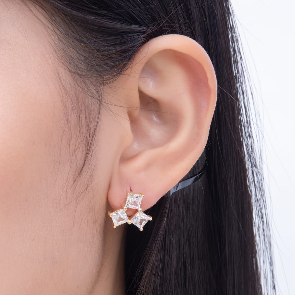 16K Gold Filled 13mm Clear CZ Rhombus Triple Cluster Stud Earrings | Earrings-01092